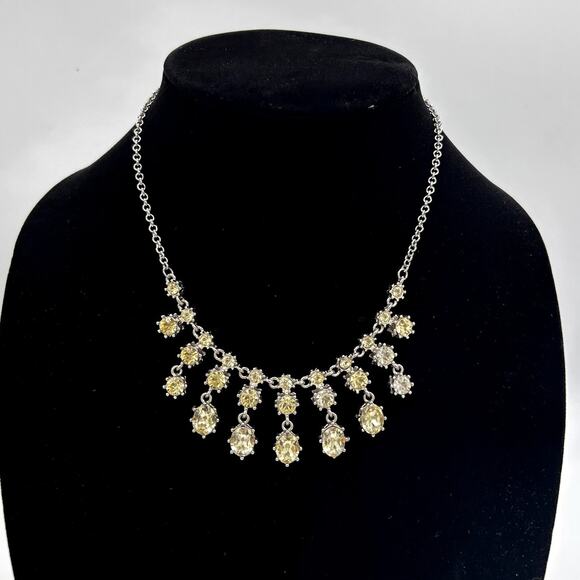 Vintage Jewelry - Vintage Rhinestone Bib Necklace Champagne Crystal Style Silver Tone Jewelry